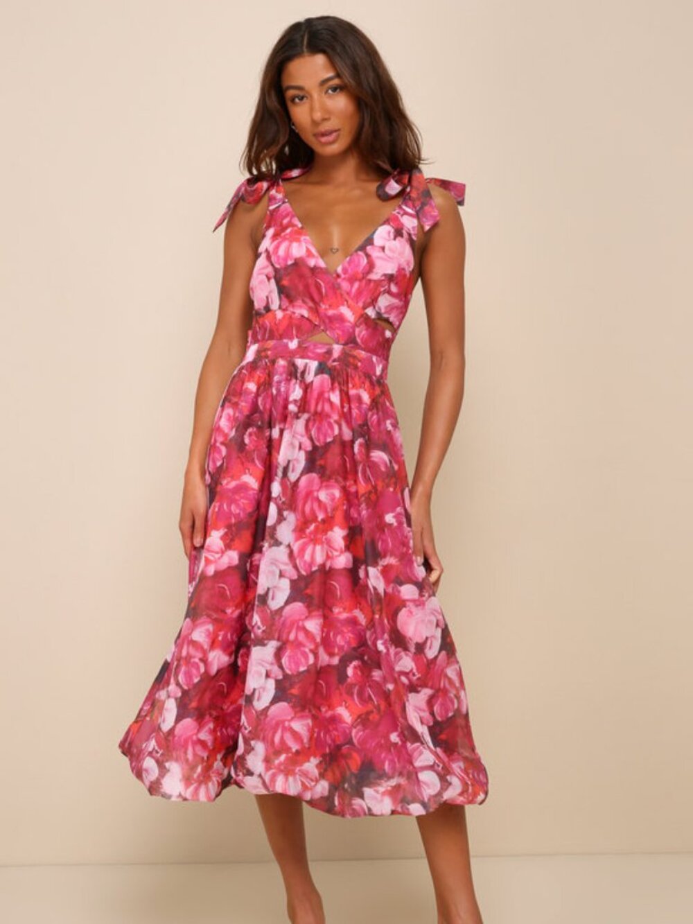 Lulus Flowering Day Dream Magenta Floral Organza Midi Bubble Dress Pink - Size M